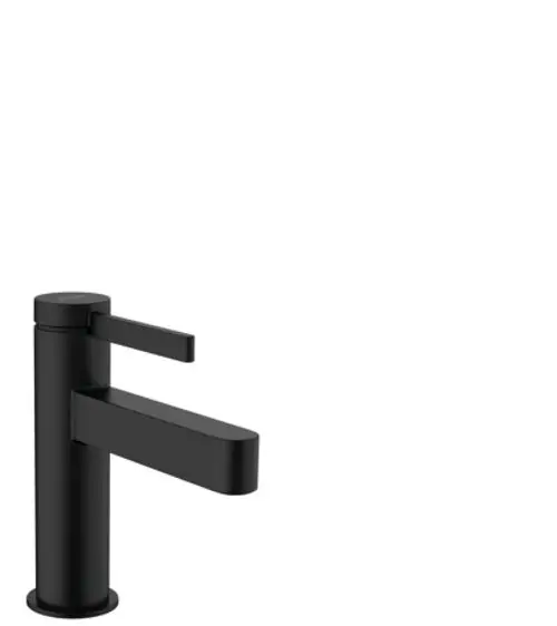 Ein schwarzer Einhebel-Waschtischmischer von Hansgrohe mit einem flachen, geraden Auslauf und einem seitlich montierten Hebel. Design für moderne Badezimmergestaltung.